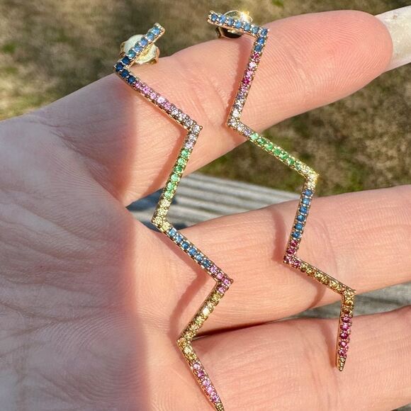 Dazzling Zigzag Rainbow Earrings – Gold Plated Multicolor Zigzag Earrings - Picture 7 of 17